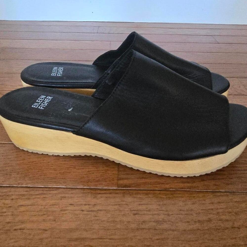 Eileen fisher black leather slide sandals 9